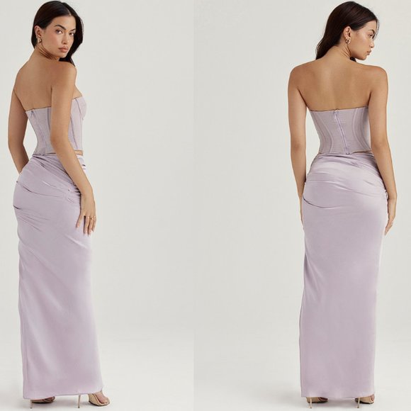 HOUSE OF CB 'Jia' Grey Satin Gathered Maxi Skirt NWOT - Picture 4 of 9